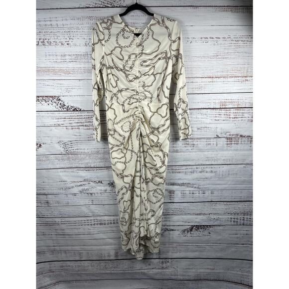 Veronica Beard Kersey Dress Womens 8 White Chain Ruched Silk Long Sleeve Midi - Picture 2 of 13